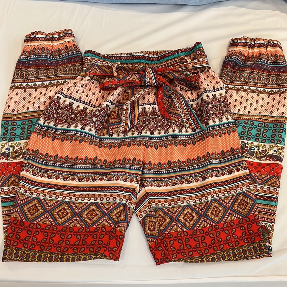 BERSHKA SMALL Morrocan SILKY JOGGER PANTS WITH BELT ELASTIC WAISTBAND LOOSE FIT